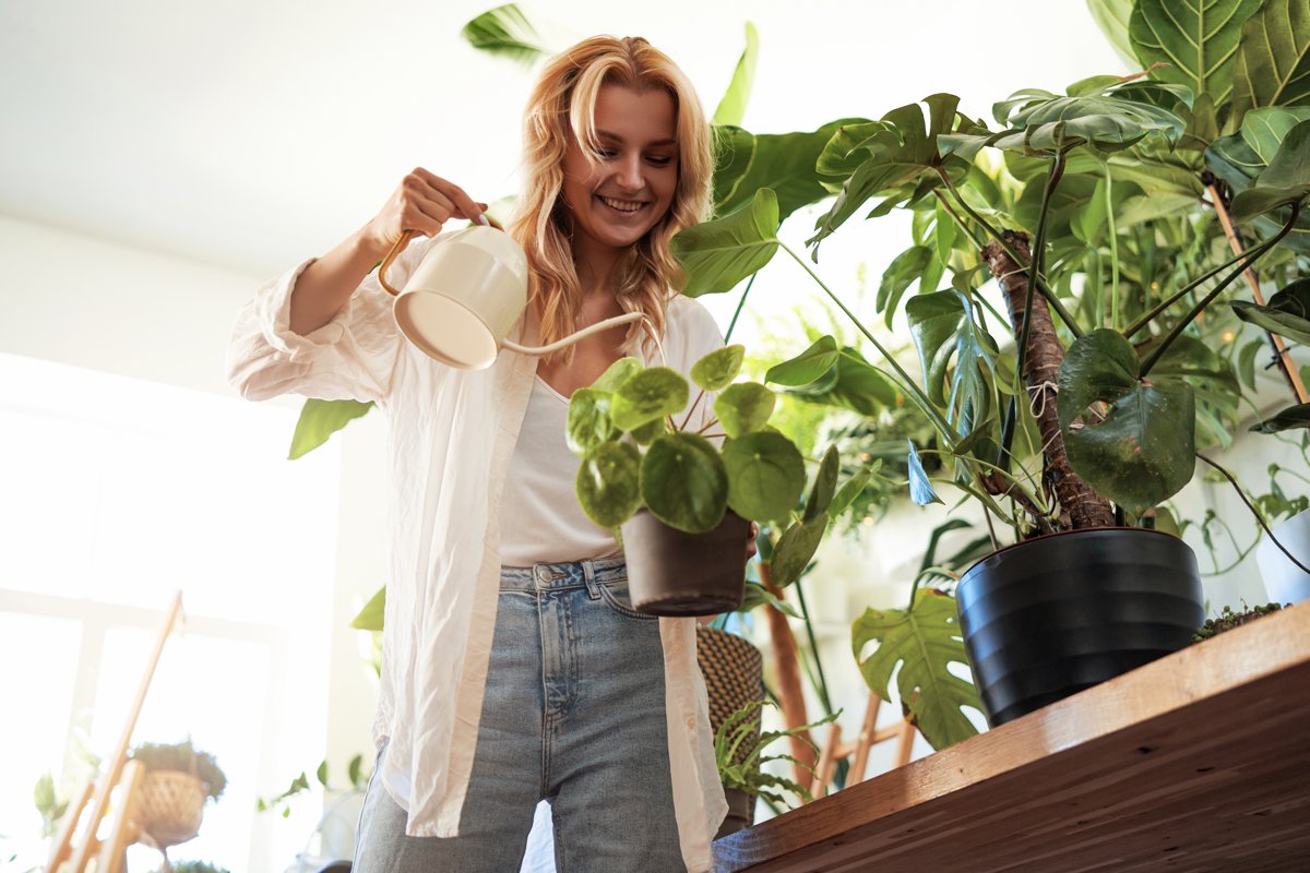 Vrouw geeft lachend haar kamerplanten water